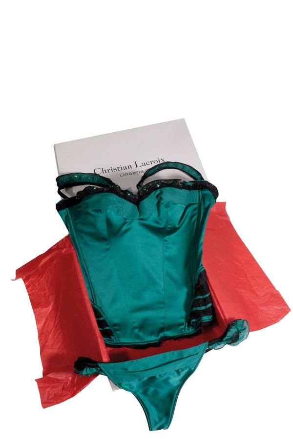 CHRISTIAN LACROIX LINGERIE, A LADIES BUSTIER FASHIONED IN GREEN AND BLACK SILK 