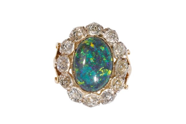 BLACK OPAL AND DIAMOND CLUSTER RING