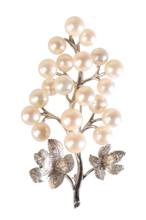 CULTURED PEARL AND DIAMOND SPRAY BROOCH