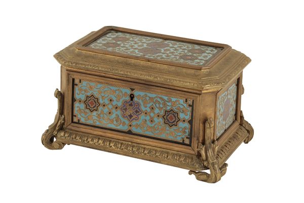 A FRENCH CHAMPLEVE ENAMELLED AND GILT BRONZE MOUNTED CASKET