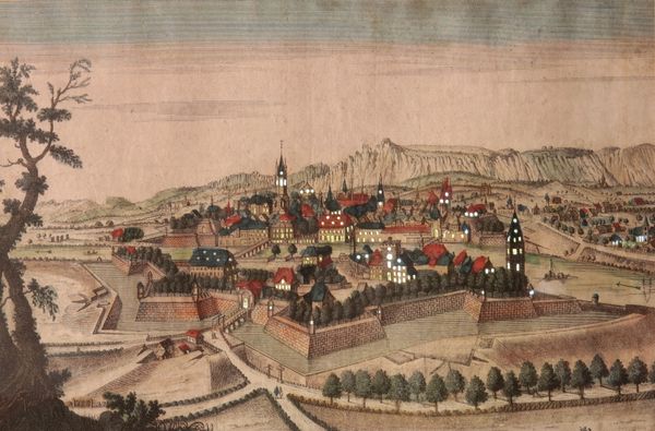 CONTINENTAL SCHOOL, A hand-coloured topographical engraving depicting a walled town