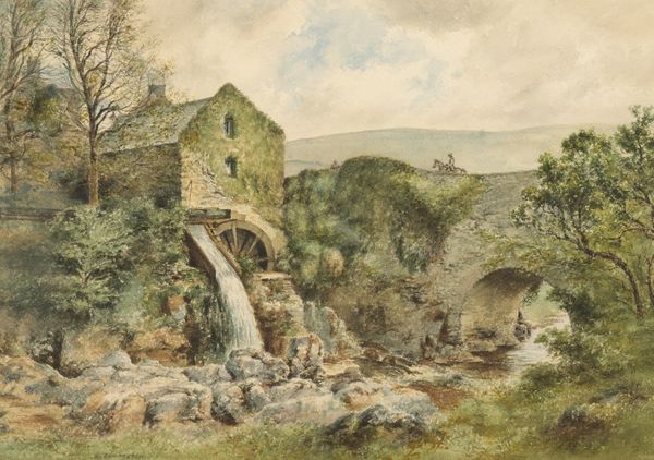 SAMUEL EDMONSTON (1825-1906) Mill scene with fugure on horseback crossing a bridge