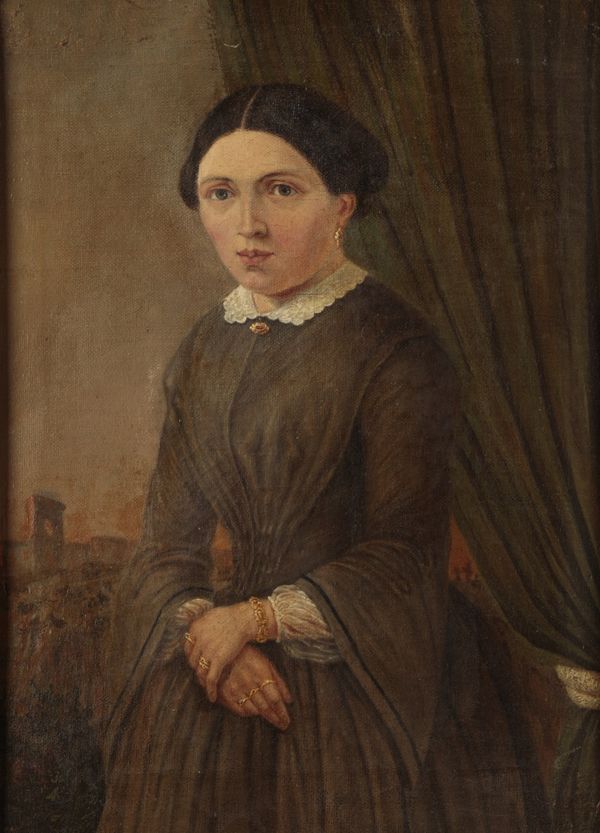 NAIVE SCHOOL Portrait of a young lady stood before a green curtain