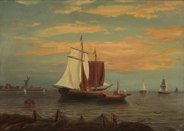 L. LAZARUS Harbour scene with fishermen to the foreground and a windmill to the distance