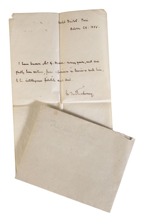 WILLIAM MAKEPEACE THACKERAY, a hand written reference letter headed " Hotel Bristol Paris" 