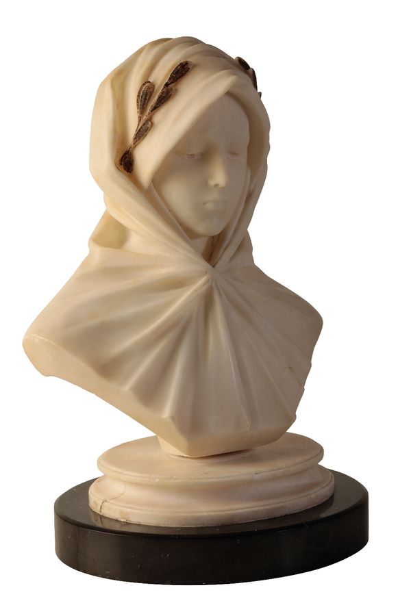 NORTHERN ITALIAN SCULPTED ALABASTER AND LATER MARBLE MOUNTED BUST OF A MAIDEN