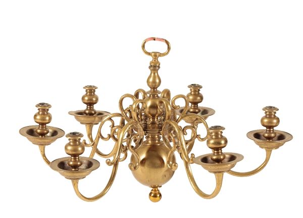 BRASS SIX LIGHT CHANDELIER IN ANGLO DUTCH LATE 17TH CENTURY STYLE