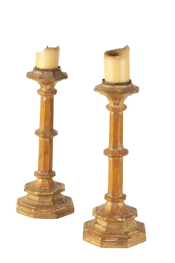 PAIR OF GILTWOOD PRICKET CANDLESTICKS, POSSIBLY RUSSIAN