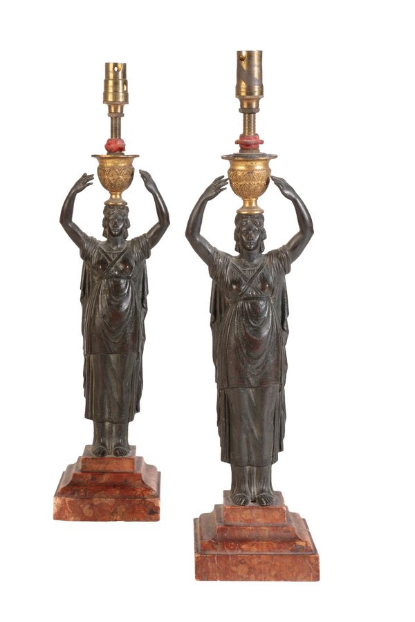 PAIR OF RESTAURATION PATINATED BRONZE AND MARMO ROUGE GRIOTTE MOUNTED CANDLESTICKS