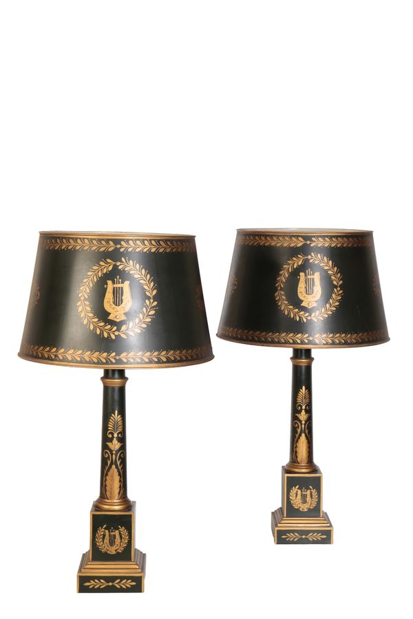 PAIR OF TOLE PEINTE TABLE LAMPS IN THE MANNER OF RESTAURATION BOUILLOTTE LAMPS