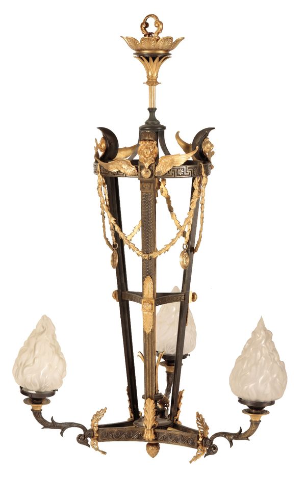 FRENCH PATINATED AND PARCEL GILT METAL THREE LIGHT GASOLIER IN NEOCLASSICAL STYLE