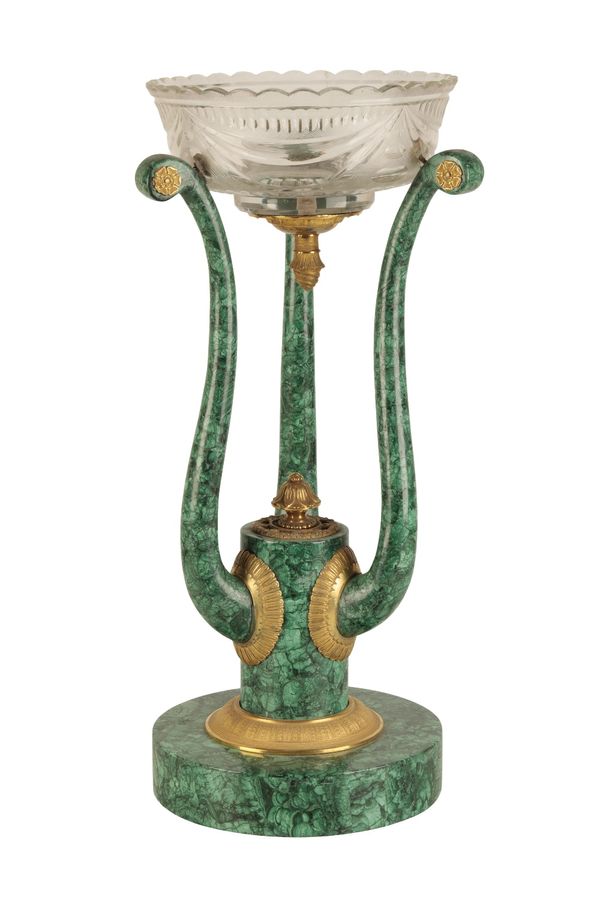 A CONTINENTAL, PROBABLY RUSSIAN MALACHITE VENEERED AND GILT BRONZE MOUNTED CENTREPIECE