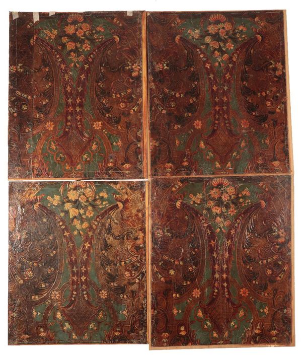 APPROXIMATELY THIRTY FIVE SPANISH TOOLED, PARCEL GILT AND PAINTED LEATHER PANELS