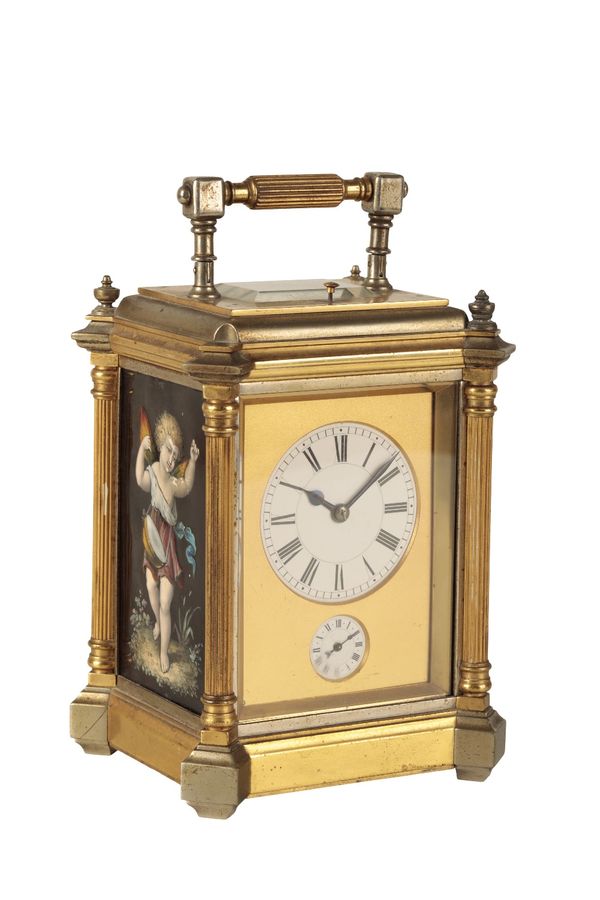 MARGAINE (FRANCOIS-ARSENE) A FRENCH REPEATING BRASS AND ENAMEL CARRIAGE CLOCK