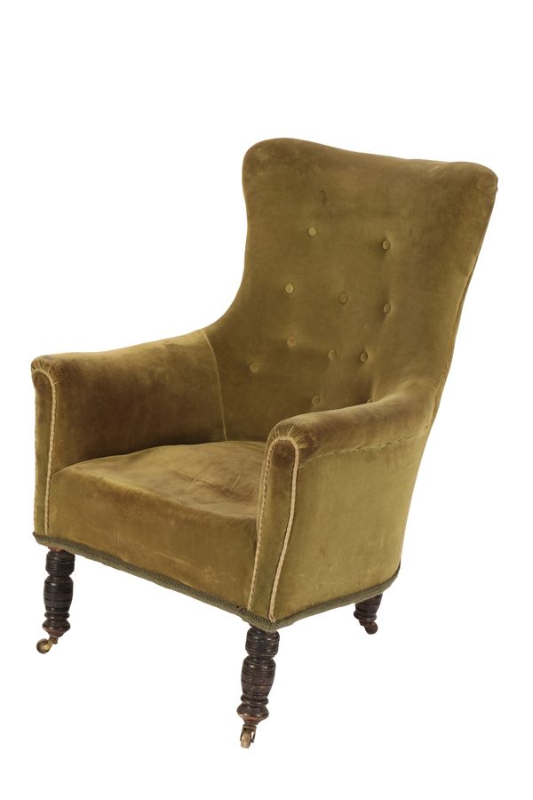 BUTTON BACK GREEN VELVET UNPHOLSTERED ARM CHAIR