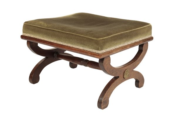 REGENCY OR GEORGE IV MAHOGANY AND UPHOLSTERED X- FRAME STOOL