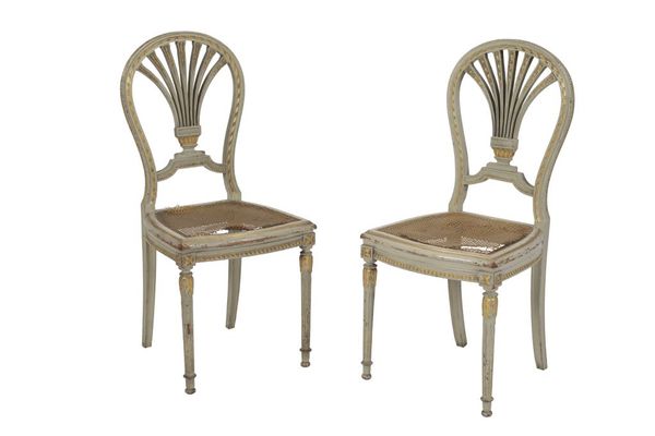 PAIR OF CARVED AND PAINTED WOOD AND CANEWORK SIDE CHAIRS IN LOUIS XVI STYLE