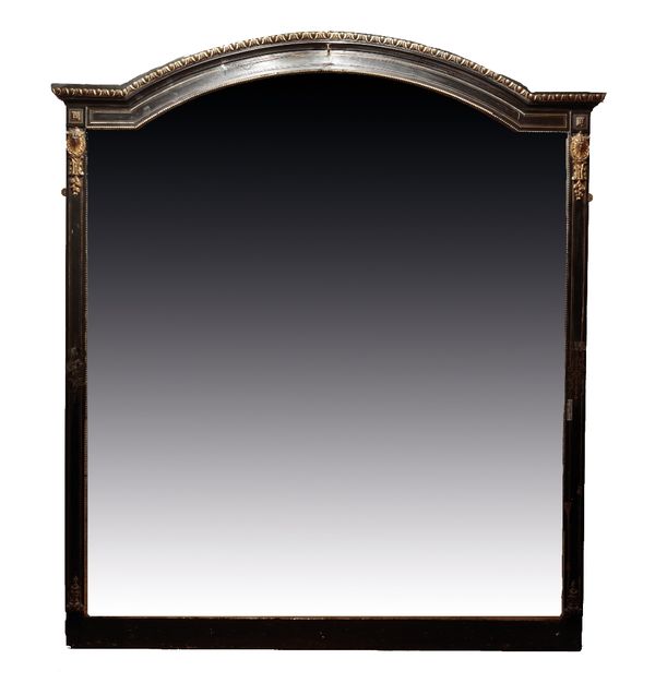 VICTORIAN PARCEL GILT, EBONISED AND GILT METAL MOUNTED OVERMANTEL MIRROR