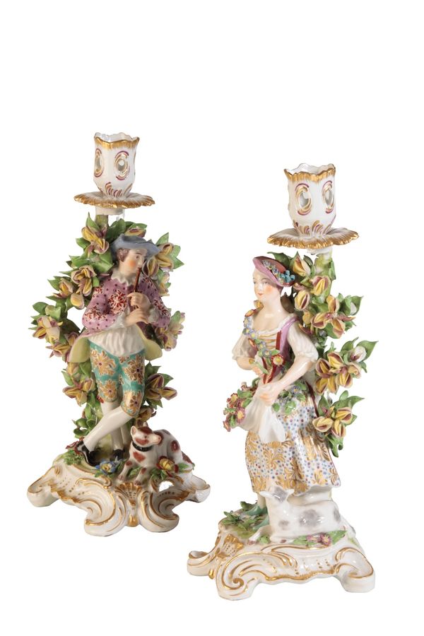 PAIR OF CHELSEA STYLE PORCELAIN FIGURAL CANDLESTICKS