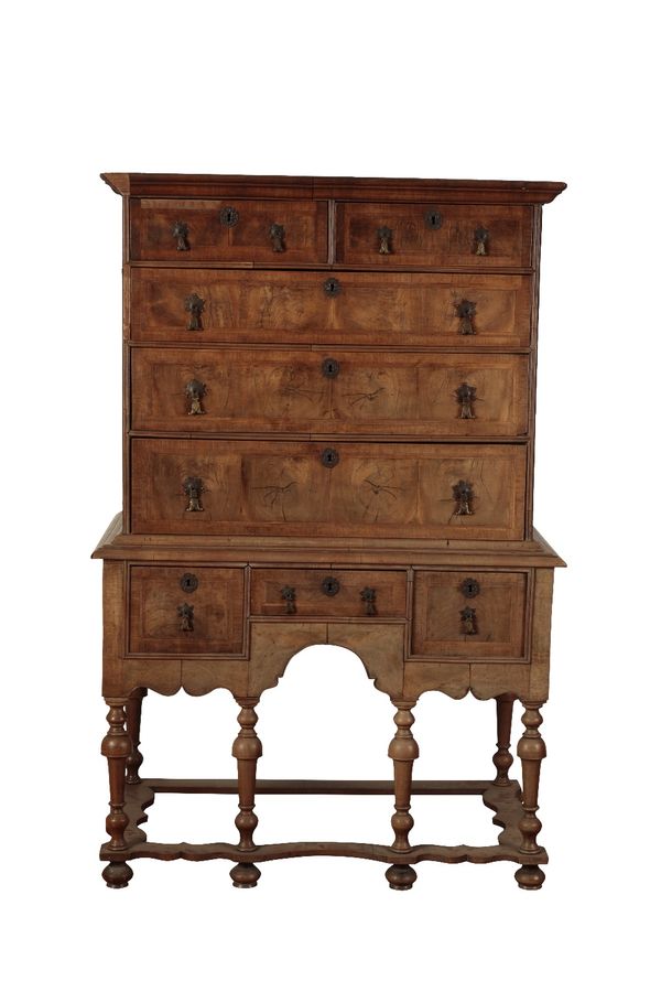 WILLIAM AND MARY WALNUT AND CROSSBANDED CHEST ON STAND