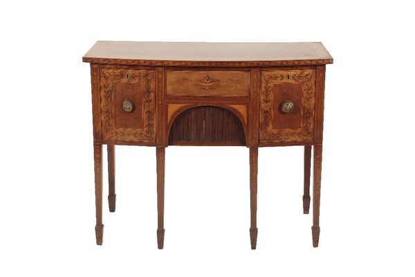 MAHOGANY, SATINWOOD AND MARQUETRY BOWFRONT SIDEBOARD IN GEORGE III SHERATON TASTE