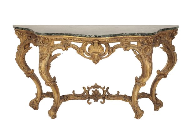 CONTINENTAL, PROBABLY ITALIAN, GILTWOOD AND COMPOSITION AND MARBLE TOPPED CONSOLE TABLE