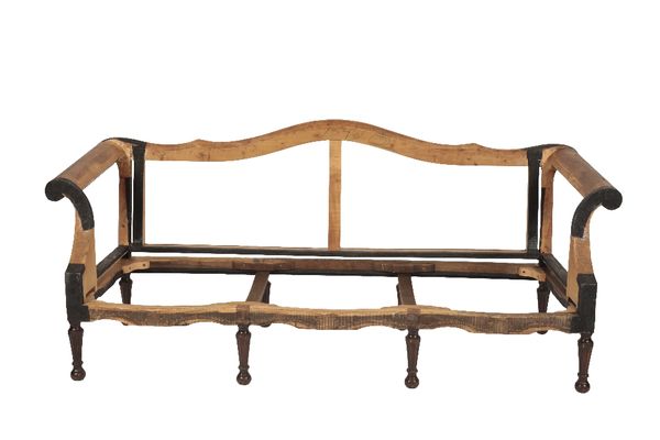 LATE GEORGE II STYLE BEECH AND MAHOGANY CAMEL BACK SOFA FRAME