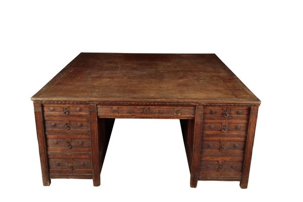 IMPRESSIVE VICTORIAN CARVED OAK AND LEATHER INSET PARTNERS' DESK BY GILLOW OF LANCASTER