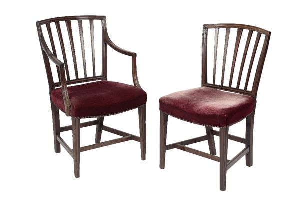 SET OF EIGHT GEORGE III MAHOGANY AND VELVET UPHOLSTERED DINING CHAIRS