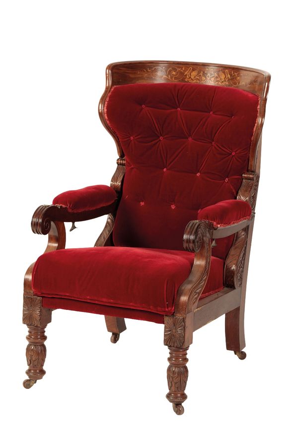 GEORGE IV OR WILLIAM IV CARVED AND STAINED MAHOGANY ADJUSTABLE LIBRARY ARMCHAIR