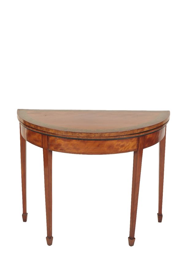 GEORGE III SATINWOOD AND PART PAINTED DEMI-LUNE CARD TABLE IN SHERATON TASTE