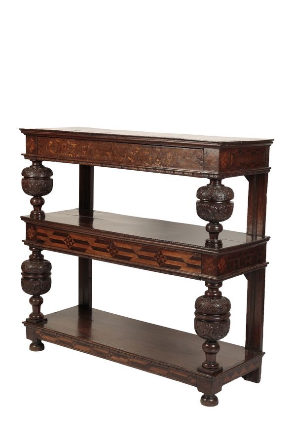 CARVED OAK, MARQUETRY AND PARQUETRY THREE TIER BUFFET