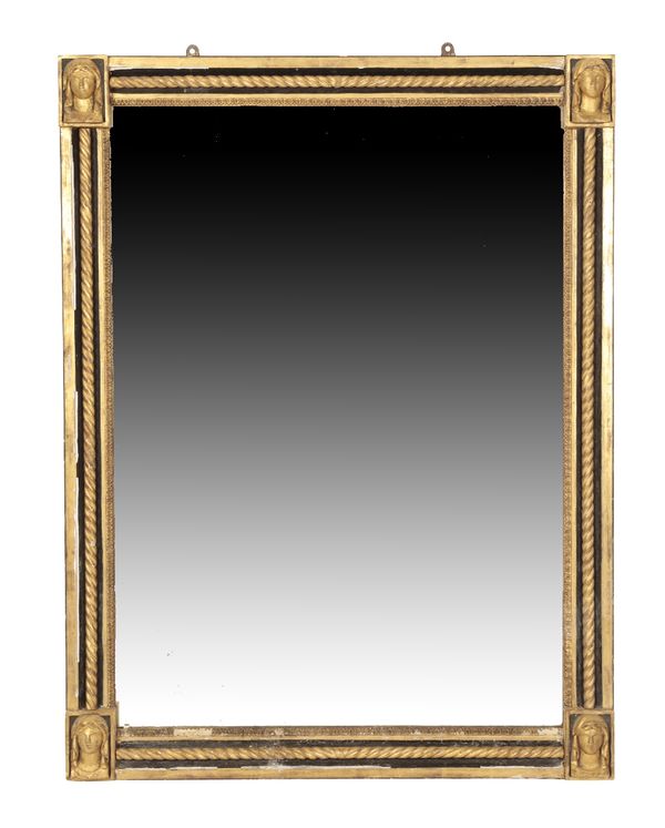 EBONISED AND PARCEL GILTWOOD FRAMED RECTANGULAR WALL MIRROR IN EARLY 19TH CENTURY STYLE