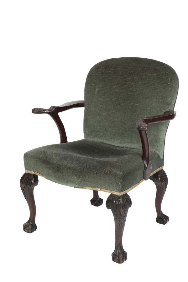 CARVED WALNUT AND GREEN VELVET UPHOLSTERED ELBOW CHAIR IN GEORGE II STYLE