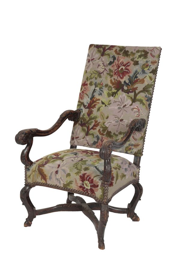 CARVED WALNUT AND TAPESTRYWORK UPHOLSTERED ARMCHAIR IN WILLIAM AND MARY STYLE