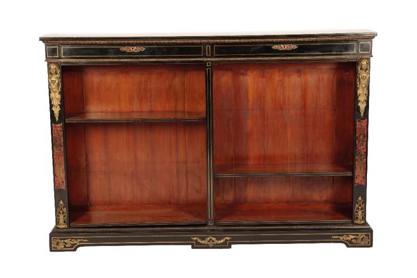 VICTORIAN EBONISED, GILT METAL MOUNTED AND BOULLE MARQUETRY OPEN BOOKCASE