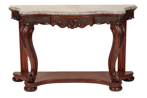 CARVED AND STAINED MAHOGANY AND DOVE GREY MARBLE TOPPED CONSOLE TABLE IN 18TH CENTURY STYLE