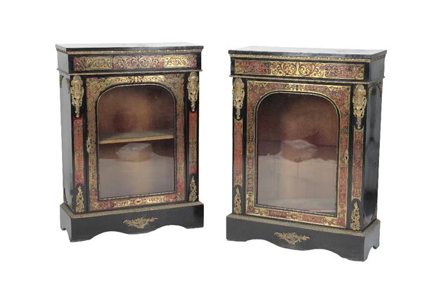 PAIR OF BOULLE WORK AND GILT BRONZE MOUNTED EBONISED WOOD SIDE CABINETS