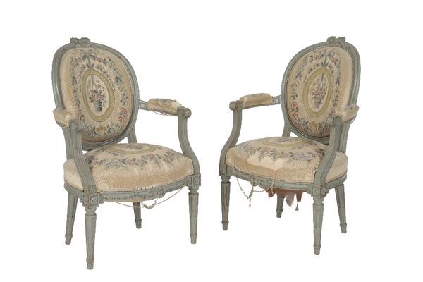 PAIR OF CARVED, PAINTED AND UPHOLSTERED FAUTEUILS IN LOUIS XVI STYLE