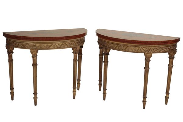 PAIR OF FINE GEORGE III PAINTED SATINWOOD AND GILTWOOD CARD TABLES IN SHERATON STYLE