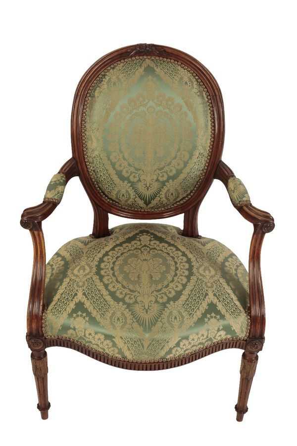 PAIR OF FRENCH CARVED BEECH AND SILK DAMASK UPHOLSTERED SALON CHAIRS IN LOUIS XVI TASTE