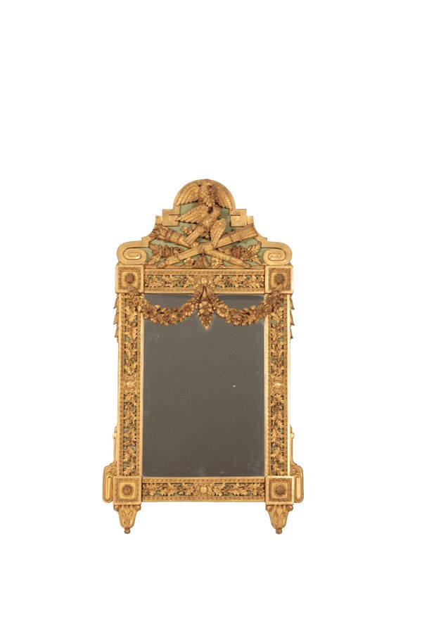 DIRECTOIRE OR EARLY EMPIRE CARVED AND GILTWOOD FRAMED WALL MIRROR