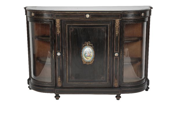 VICTORIAN EBONISED, GILT METAL MOUNTED AND PART GLAZED CREDENZA