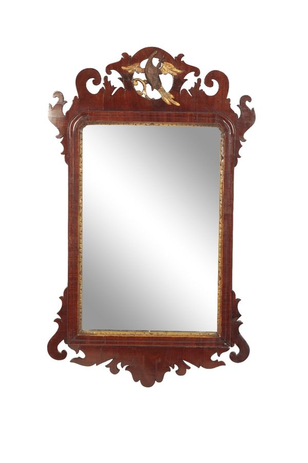 MAHOGANY AND PARCEL GILT FRAMED WALL MIRROR IN GEORGE I STYLE