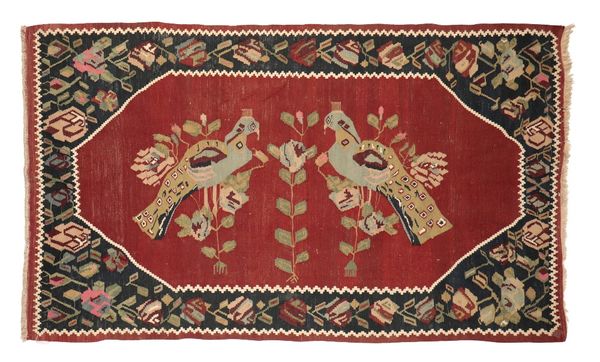 KELIM' RUG DECORATED WITH A PAIR OF STYLISED PEACOCKS