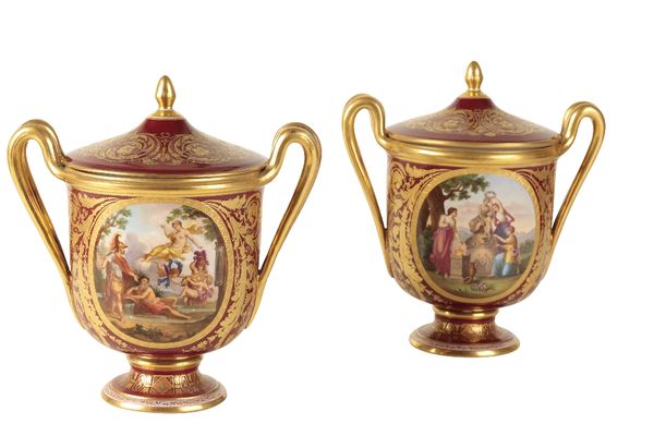 FINE PAIR OF VIENNA PORCELAIN COVERED URNS