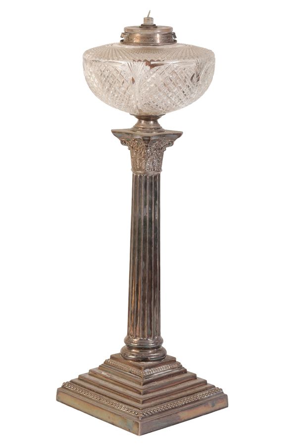 19TH CENTURY SILVER PLATED CORINTHIAN COLUMN TABLE LAMP