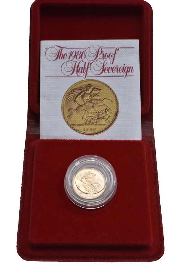 TWO GOLD COINS: 1980 Half sovereign, mint in Royal Mint case 1887 German 5 Mark gold coin