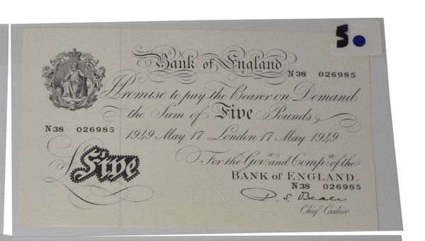 BANK OF ENGLAND £5 NOTE N38 026985 1949 May 17th