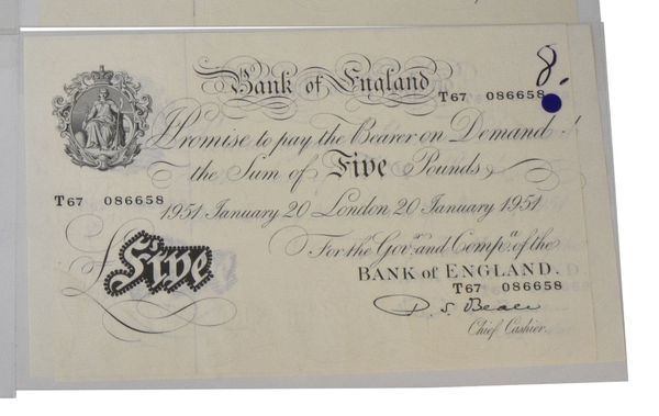 TWO BANK OF ENGLAND £5 NOTE T67 086658 and T67 086659 January 20th 1951